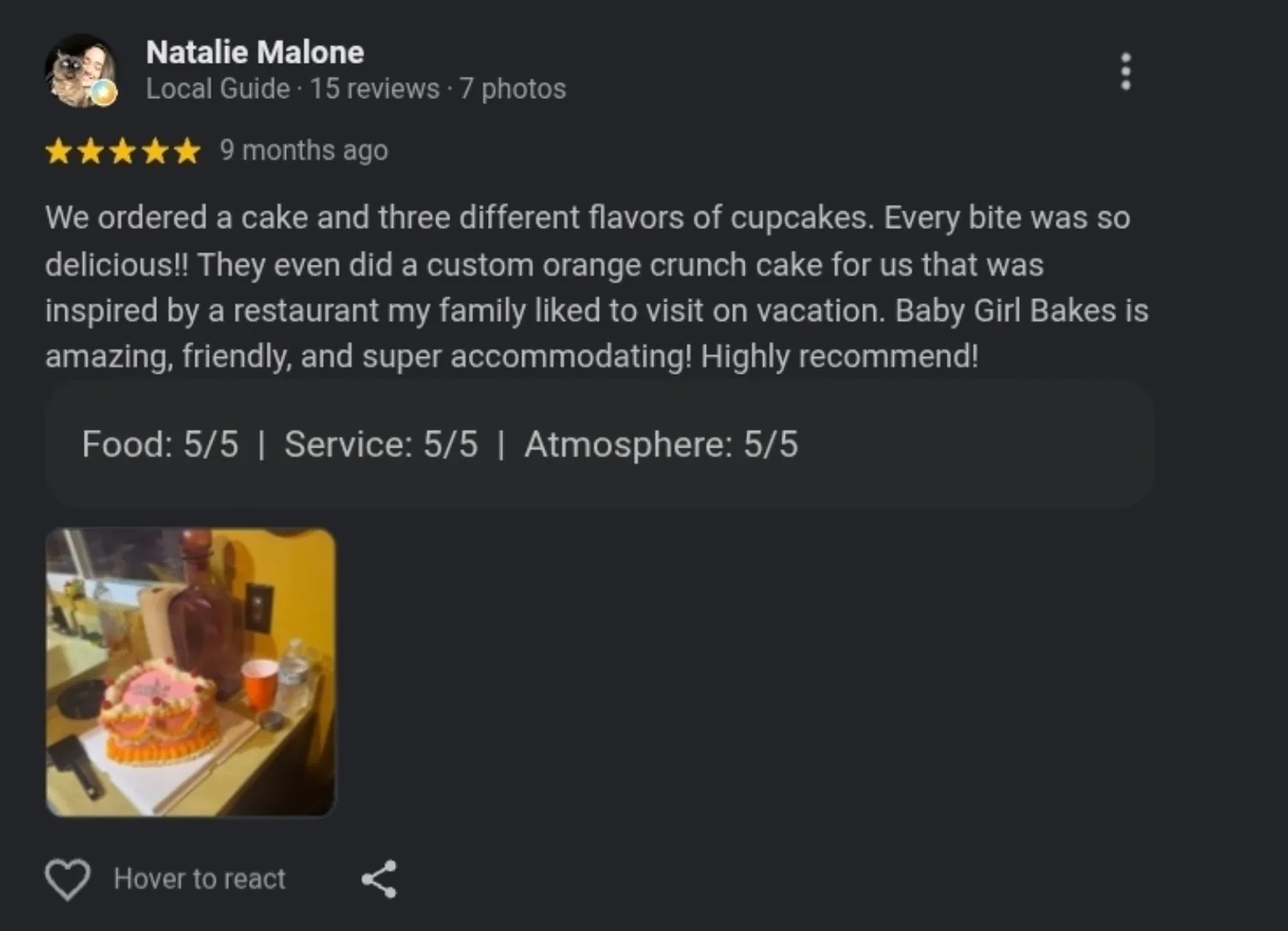 Baby Girl Bakes Google review 6